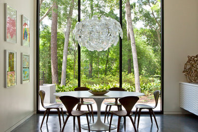 Inspiration for a contemporary dining room in Houston with white walls and concrete floors.