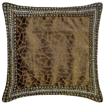 Brown Velvet, Crystal Border & Mosaic 20"x20" Throw Pillow Cover - Brown Mosaic