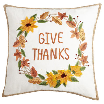 Give Thanks Wreath Embroidered Pillow