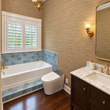 Elegant Transitional Guest Bathroom with Grasscloth Wallpaper