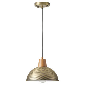 Industrial Farmhouse Pendant Light With Metal Shade and Wood Grain Design, Gold