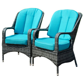 Set of 2 Grey Outdoor Patio Wicker Dining Cozy Armchairs, Cyan Cushions