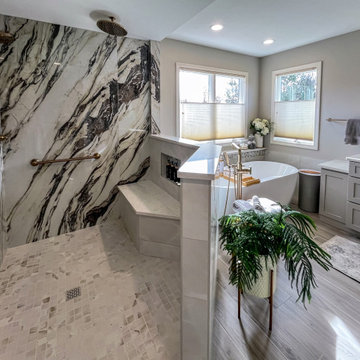 Master Bath with Refaced Vanity and Full Height Porcelain Tile Shower Walls