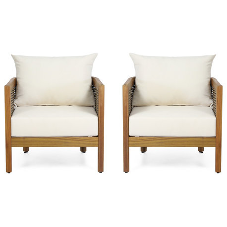Alden Outdoor Acacia Wood Club Chairs With Cushions, Set of 2, Teak + Beige