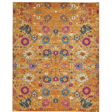 Transitional Area Rug, Low Profile Floral Patterned Polypropylene, Sunburst