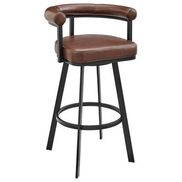 Nolagam Swivel Counter Stool in Black Metal with Brown Faux Leather