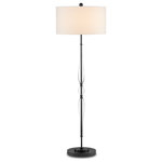Currey & Company - Orbit Floor Lamp - The Orbit Floor Lamp has a lightness of bearing in spite of the fact it is made of a resolute material like bronze. The thin stem of metal that rises from the base to the white linen shade skewers delicate glass orbs that arc along it, one central globe round and the others that extend from it elongated.