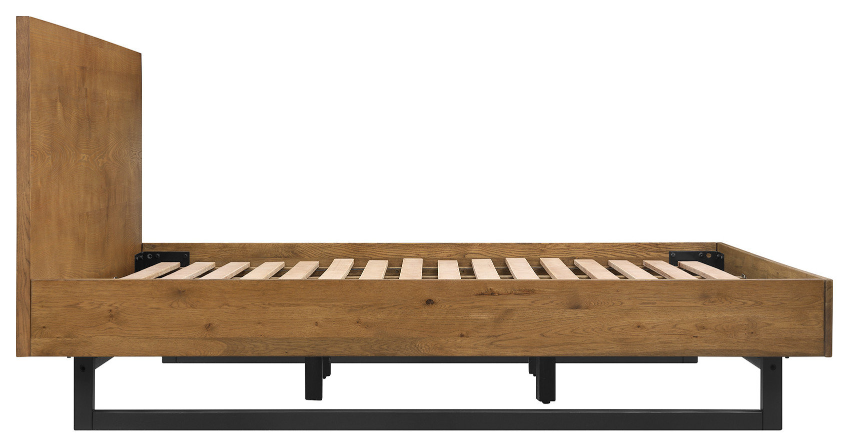 Aldo King Size Brown Oak Wood Platform Bed Frame with Black Metal Legs