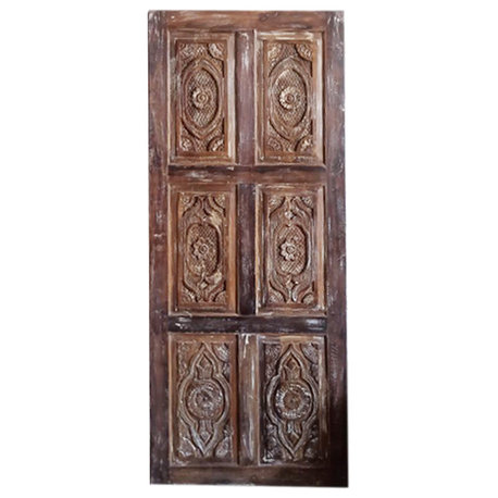 Consigned Rustic Modern Barndoor Vintage Floral Carved Wood Sliding Door