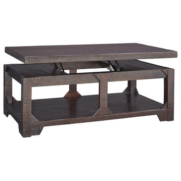 Vintage Coffee Table, Lift Up Top & Bottom Open Shelf, Distressed Dark Brown