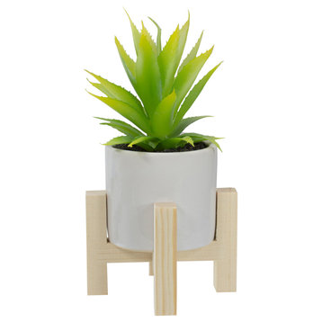 8.25" Potted Green Artificial Agave Plant with Wooden Stand