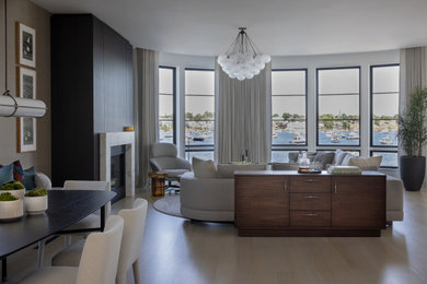 Inspiration for a contemporary light wood floor living room remodel in Boston with a wood fireplace surround
