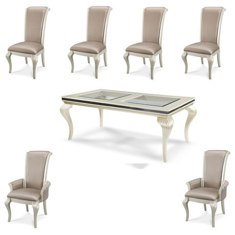 Hollywood Swank 7-Piece 102" Glass Top Dining Set, Pearl Caviar