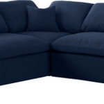 Meridian Furniture - Serene Linen Textured Fabric Deluxe Comfort 5-Piece L-Shaped Sectional, Navy - There's lots to love about the Serene linen textured deluxe cloud-like comfort modular collection, and this five-piece set is not an exception. The soft navy linen textured fabric is cozy and sleek to the touch while the overstuffed down/feather cushions provide gentle support so you can relax and unwind like a VIP. Customize your seating with this modular set by adding the pieces you like most. Latches under each piece make it easy to snap them into position for a look that's modern yet welcoming.