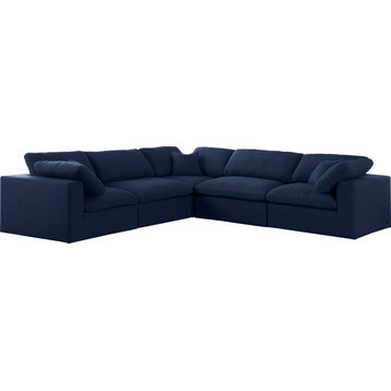 Serene Linen Textured Fabric Deluxe Comfort 5-Piece L-Shaped Sectional, Navy