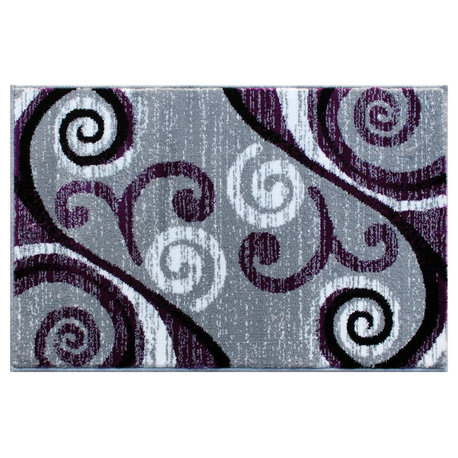 Valli Collection 2' x 3' Purple Abstract Area Rug - Olefin Rug with Jute...