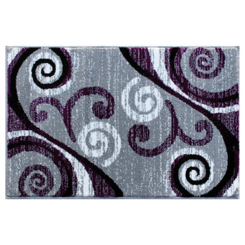 Valli Collection 2' x 3' Purple Abstract Area Rug - Olefin Rug with Jute...