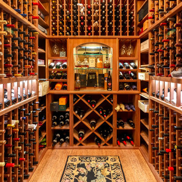 Exquisitely Designed Custom Wine Cellar with Handcrafted Wood Racks and Elegant