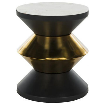 Jonna Stone Top Side Table, White Stone/Black/Gold