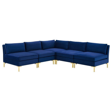 Modway Ardent 5-Piece Performance Velvet Sectional Sofa in Navy/Gold