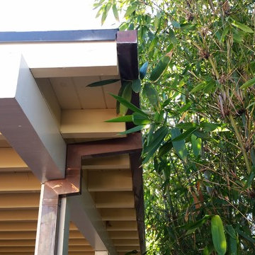 Aged Copper Box Gutter, 1 Year After Install, Brown Red,Green Patina. Venice CA.