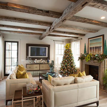 Hand Hewn Coffered Cross Beam Ceiling Timbers in a Transitional Living Room