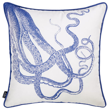 18" Blue Watercolor Wild Flower Decorative Throw Pillow Cover, Nautical Blue, White