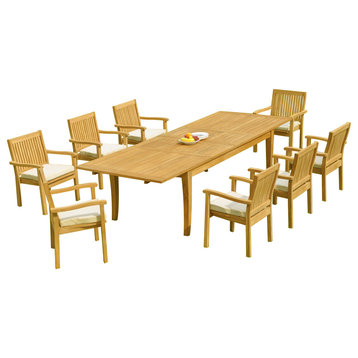 9-Piece Teak Dining Set: 122" X-Large Rectangle Table, 8 Lev Stacking Arm Chairs