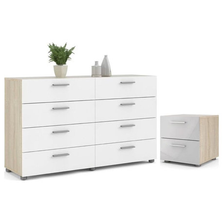 2PC Set with 1 Nightstand and 1 Double Dresser in Oak and White Gloss