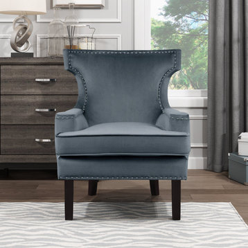 Contemporary Accent Chair, Velvet Seat and Hourglass Back With Nailhead Trim, Gray