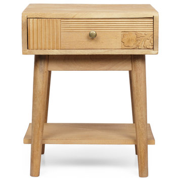 McManus Tennille Boho Handcrafted Mango Wood Nightstand with Drawer, Natural
