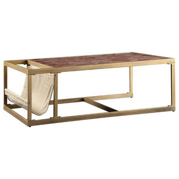 Unique Coffee Table, Golden Sled Base and Grain Leather Top With Magazine Holder