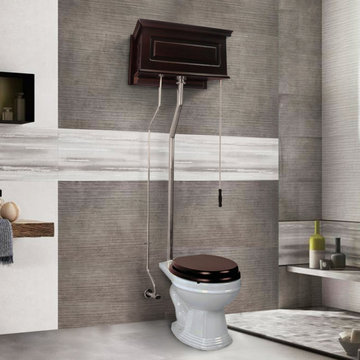 Dark Oak High Tank Pull Chain Toilet with White Round Bowl & Chrome Rear Entry