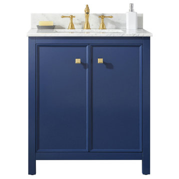 Legion Furniture 30" Blue Finish Sink Vanity Cabinet With Carrara White Top