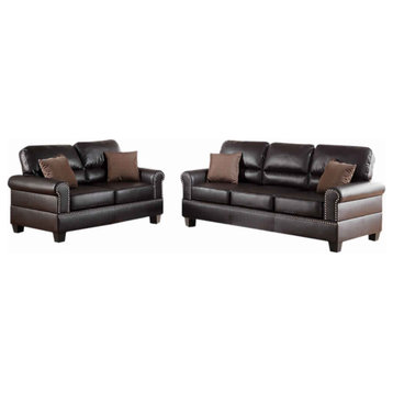 Benzara BM168792 Bonded Leather 2 Pieces Sofa Set With Pillows, Brown