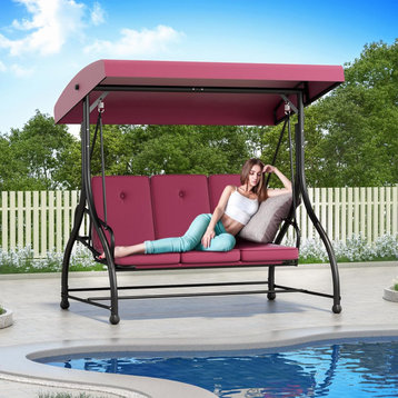 3 Seater Porch Swing, Comfortable Removable Cushions & Adjustable Canopy, Red