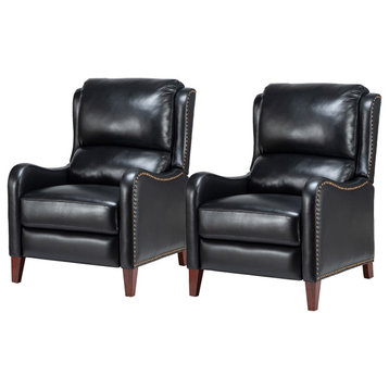 Genuine Leather Recliner With Nailhead Trim Set of 2, Black