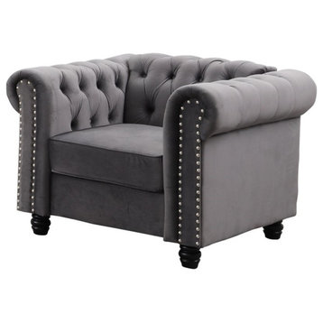 Best Master Furniture Venice 18" Tufted Transitional Velvet Arm Chair in Gray