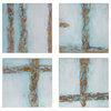Set 4 Abstract Blue Gold Cream Modern Paintings Wall Art Metallic Linear Square