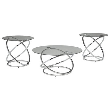 Benzara BM190116 Glass Top Table Set with Metal Rings Base, Clear and Silver
