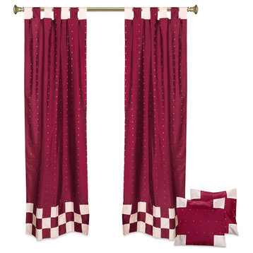 4 Pc Set Indian Sari Curtains & Cushion Covers - Boho Tab Top  - Maroon 96"