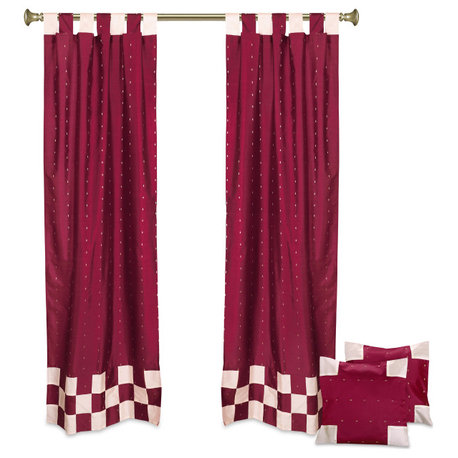 4 Pc Set Indian Sari Curtains & Cushion Covers - Boho Tab Top  - Maroon 96"