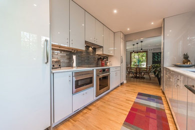 Kitchen - contemporary galley light wood floor kitchen idea in DC Metro with a single-bowl sink, flat-panel cabinets, white cabinets, quartzite countertops, gray backsplash, glass sheet backsplash, stainless steel appliances and no island