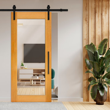 Mirror Solid Mahogany Wood Sliding Barn Door With Mirror Insert, 28"x84", 1 Mirror/Front, Carbon Steel Hardware