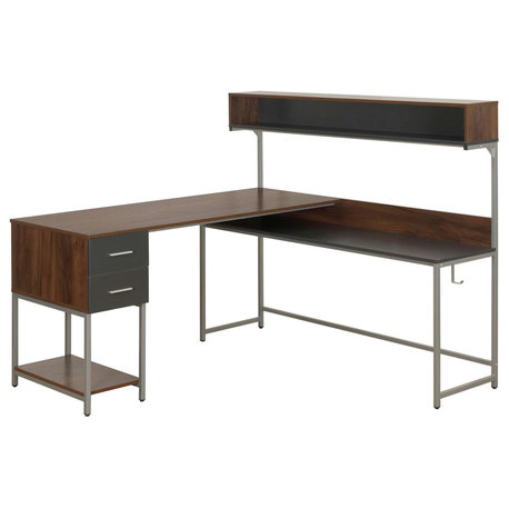 Techni Mobili L-Shape Desk with Hutch and Storage, walnut