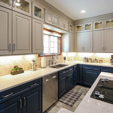 Two Tone Blue and Light Gray Kitchen with Tiled Island