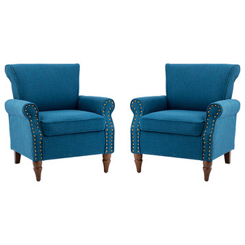 32.5" Wooden Upholstered Accent Chair With Arms Set of 2, Navy