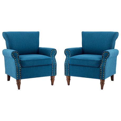 32.5" Wooden Upholstered Accent Chair With Arms Set of 2, Navy
