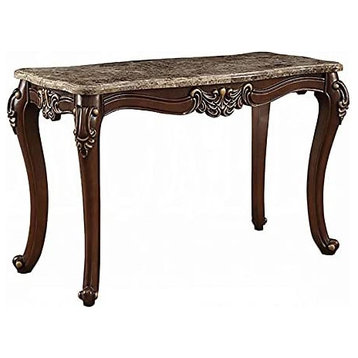 Benzara BM185784 Marble Top Sofa Table With Carved Floral Wooden Feet, Brown