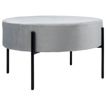 Contemporary Ottoman, Black Metal Legs With Rounded Velvet Seat, Gray